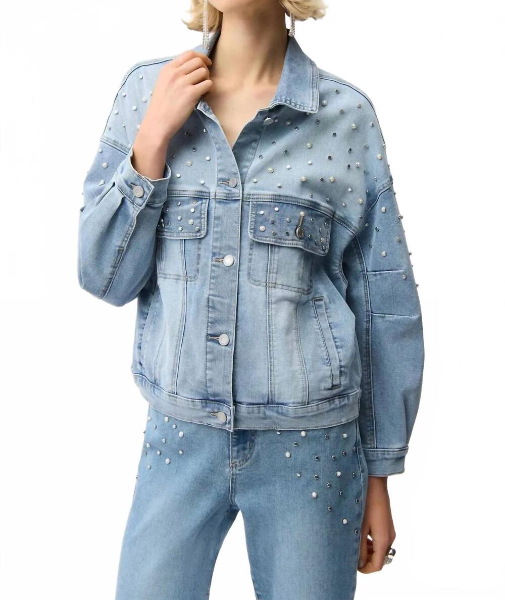 NEW JOSEPH RIBKOFF pearls and studs oversized jacket in light denim blue